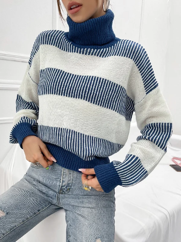 Casual Colorblock Long Sleeve High Neck Regular Women Sweater