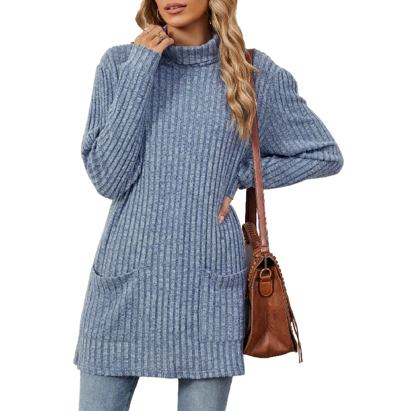 Solid Color Half High Neck Long Sleeve Loose Pocket Sweater Wholesale Womens Clothing N3824072900061