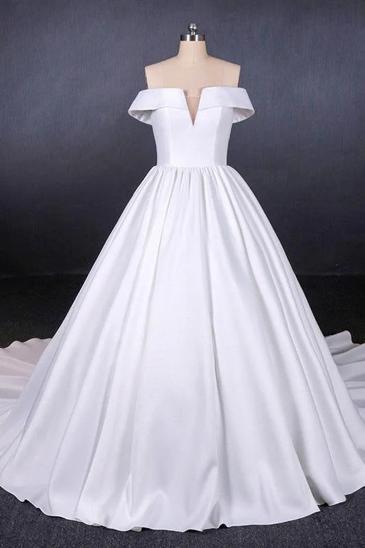 Puffy Off the Shoulder Satin Ball Gown Long Train Wedding Dress Classic Women's Pin - striped