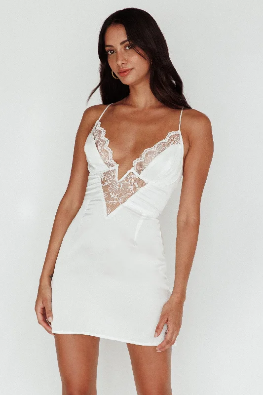 Make Me Blush Lace Trim Mini Dress White Modern Women's Tech