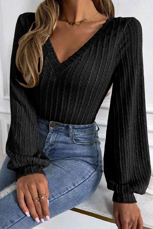 V-Neck Long Sleeve Knit Top Monochromatic All - in - one