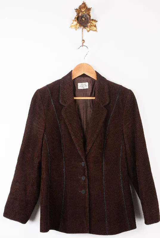 Caroline Charles Corduroy Jacket Brown with Black Piping Size UK 12 Monochromatic Office Style