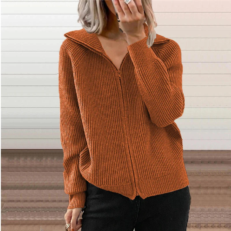 Casual Loose Zipper Cardigan Long Sleeve Lapel Knit Jacket Wholesale Womens Clothing Vacation Casual Loose Zipper Cardigan Long Sleeve Lapel Knit Jacket Wholesale Womens Clothing Vacation