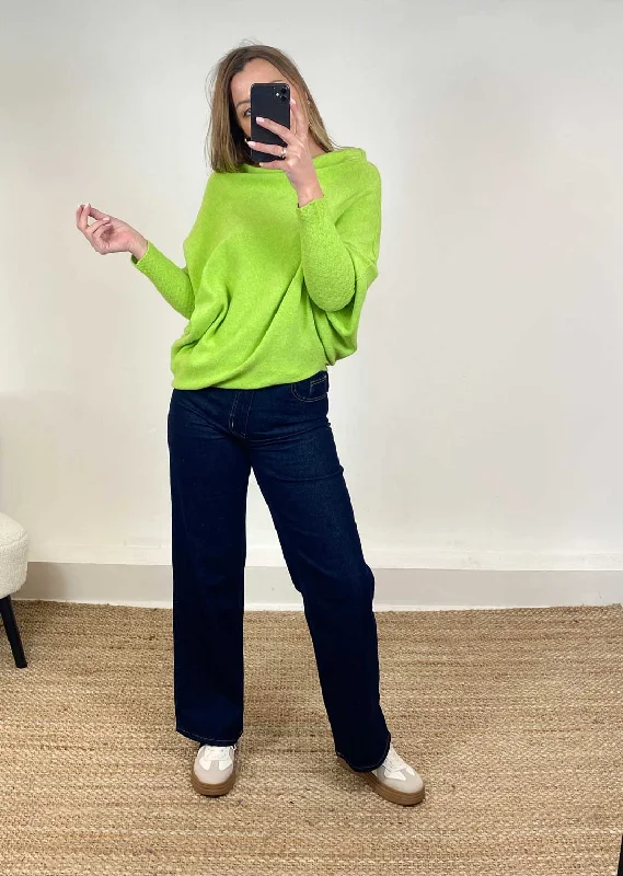 Grace Asymmetric Knit Jumper in Lime Green Earthy Women's Hemp - based