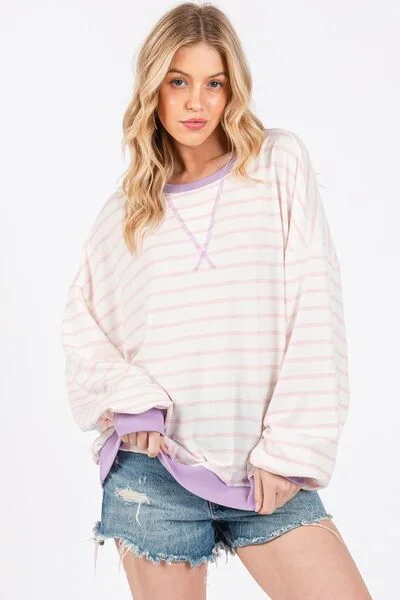 Ces Femme Striped Round Neck Drop Shoulder Sweatshirt