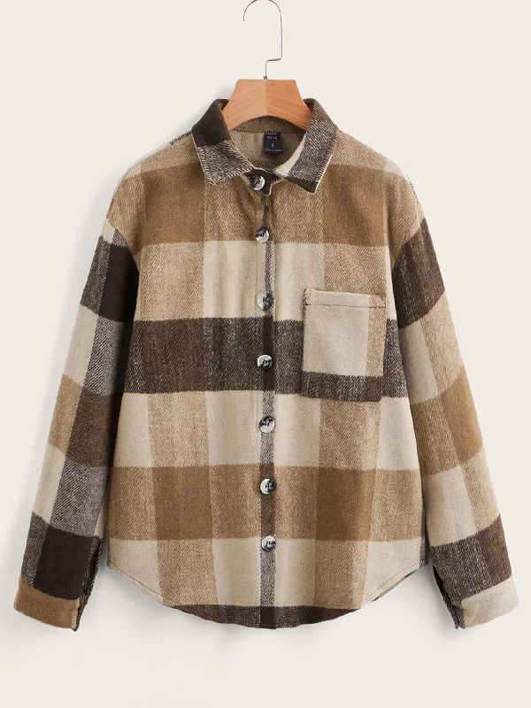 Preppy Plaid Button Front Long Sleeve Collar Regular Blouse Refined Women's Classic 