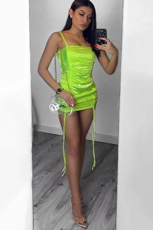 Neon Yellow Satin Ruched Front Mini Dress - Delsie Classic Women's Tweed