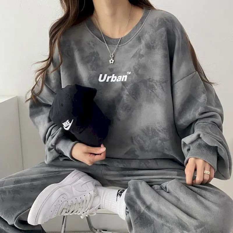 Tie-dye Women's Tracksuit Korean Fashion 2 Piece Sets Sportswear Hoody Monochromatic Office Style