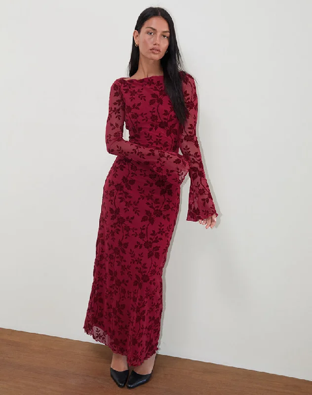 Slokya Long Sleeve Maxi Dress in Vine Floral Flock Cherry Sustainable Organic