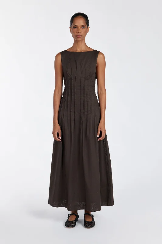 MANA BITTER CHOC LINEN MIDI DRESS Trendy Women's Oversized