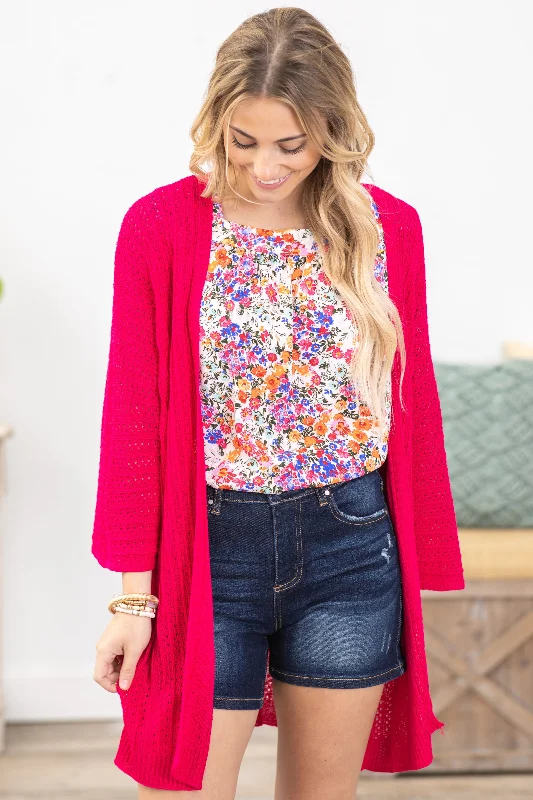 Hot Pink Lightweight Crochet Knit Cardigan Feminine Women's Style 