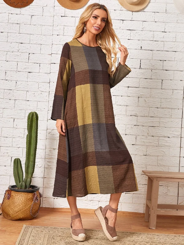 Plaid Long Sleeve Round Neck Straight Natural Midi Dress Modern Women's 