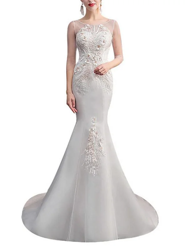 Mermaid \ Trumpet Wedding Dresses Jewel Neck Sweep \ Brush Train Lace Tulle Half Sleeve