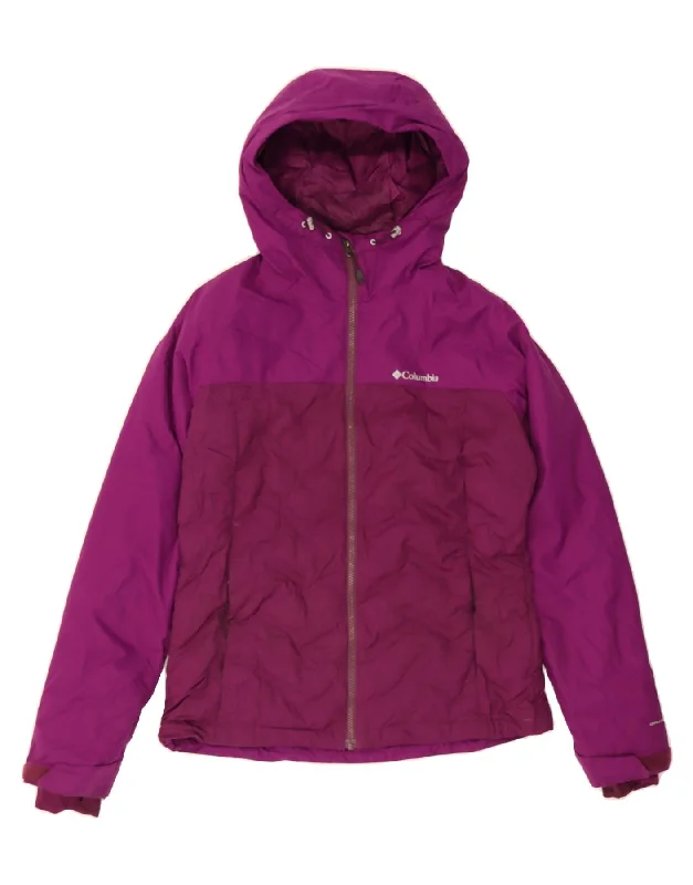 COLUMBIA Womens Hooded Padded Jacket UK 14 Medium Maroon Colourblock Nylon Monochromatic Office Style COLUMBIA Womens Hooded Padded Jacket UK 14 Medium Maroon Colourblock Nylon Monochromatic Office Style