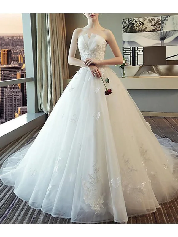 A-Line Wedding Dresses Strapless Court Train Polyester Strapless