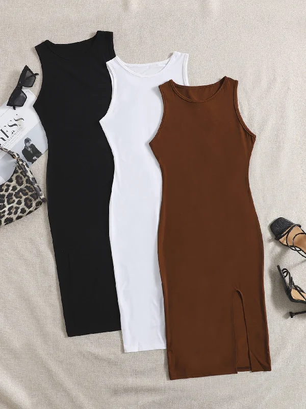 Plain Split Sleeveless Round Neck Slit Natural Midi Dress