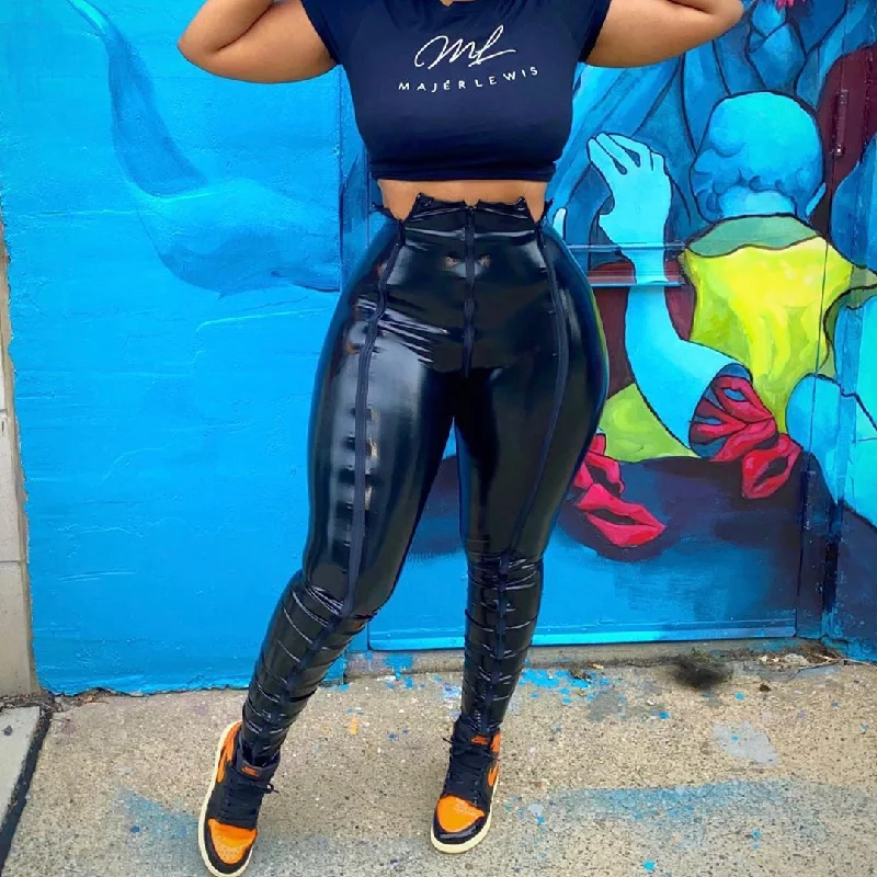 PU Asymmetrical Zipper Wholesale Pants For St. Patrick'S Day Trendy Women's Oversized