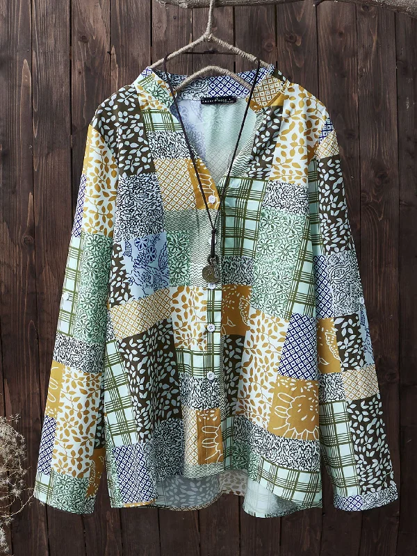Casual Patchwork Button Front Long Sleeve Notched Regular Blouse Rugged Women's Outdoor Casual Patchwork Button Front Long Sleeve Notched Regular Blouse Rugged Women's Outdoor