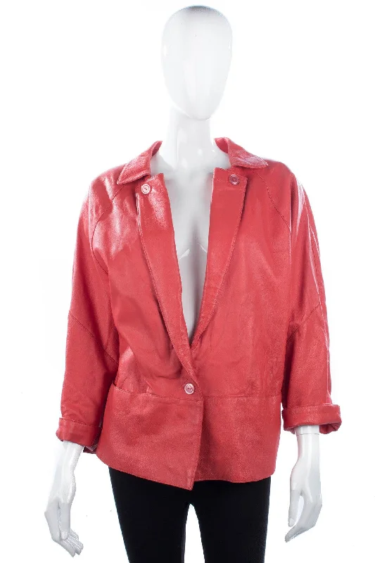 Lovely Vintage Soft Leather Jacket 1980's Coral Colour Size S Elegant Women's 