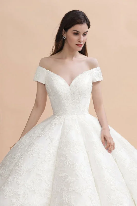 Off The Shoulder Lace Beaded Ball Gown Wedding Dress Rugged Women's Outdoor 