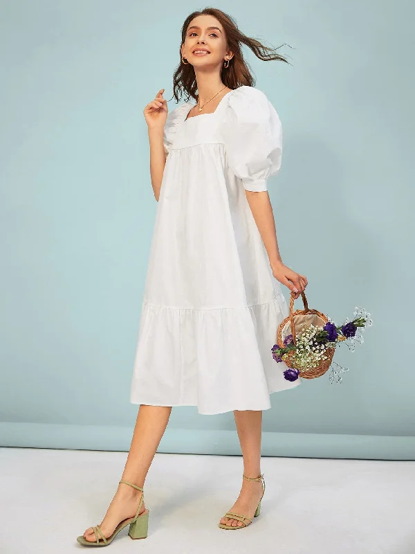 Plain Short Sleeve Square Neck Flounce Natural Midi Dress European
