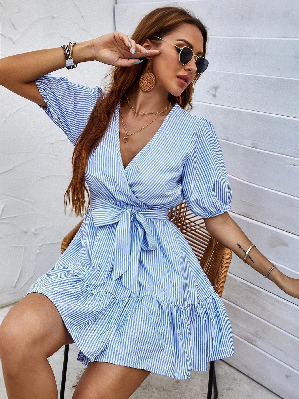 Striped Belted Half Sleeve V Neck Flounce Natural Short Dress