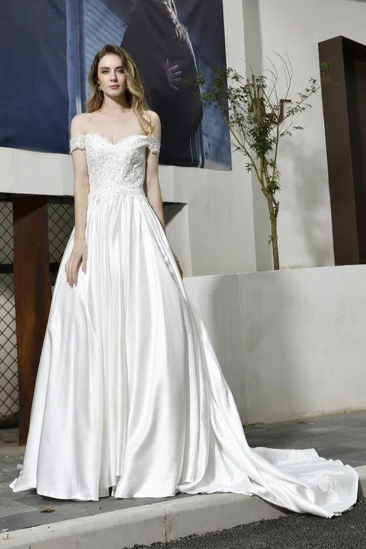 Bridelily Off the Shoulder Appliques Satin Wedding Dress Confident Women's Power