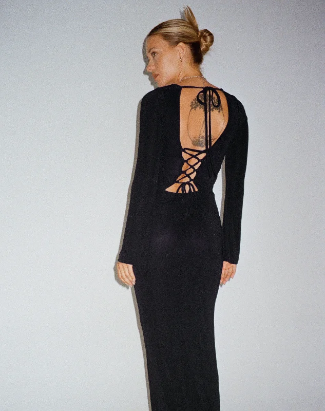 Varna Long Sleeve Maxi Dress in Black Casual Women's Loose - fitting