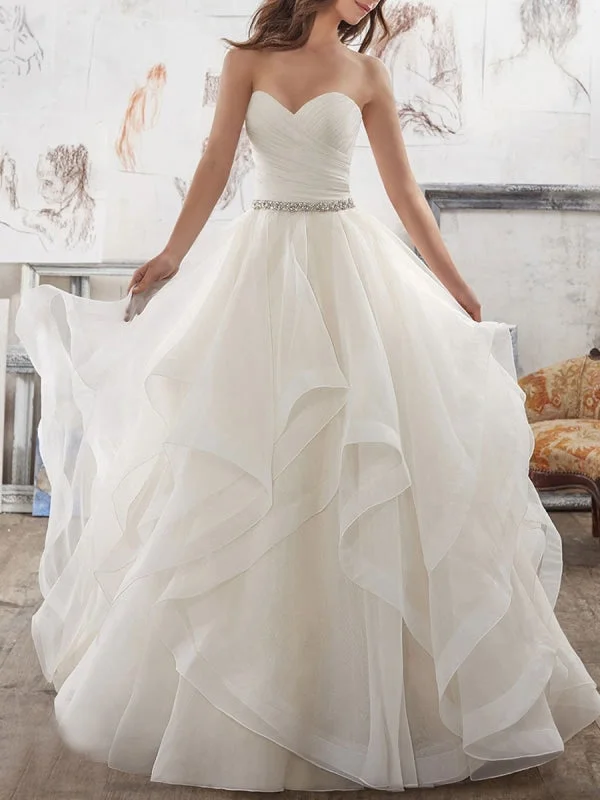 Wedding Dresses 2021 Ball Gown Sweet Heart Sleeveless Floor Length Asymmetry Hem Tulle Bridal Gown