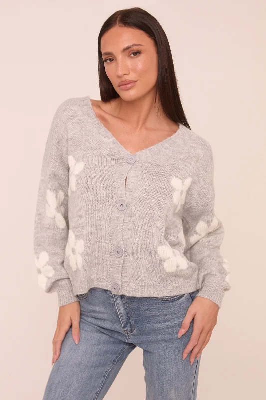 Grey Floral Button Up Front Long Sleeves Cardigan - Poppy Practical Women's Multi - 