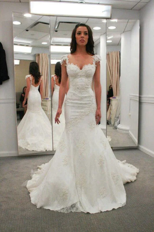 Sweetheart Cap Sleeves Backless Mermaid Gowns Beach Wedding Dress Geometric