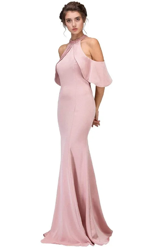 Eureka Fashion - Embellished High Halter Satin Sheath Evening Dress