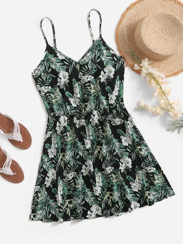 Tropical Sleeveless Spaghetti Strap Flared High Waist Short Dress