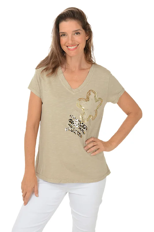 Metallic Leopard Floral Tee Minimalist Women's Casual