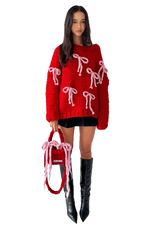 Red Chunky Bow Knit Sweater