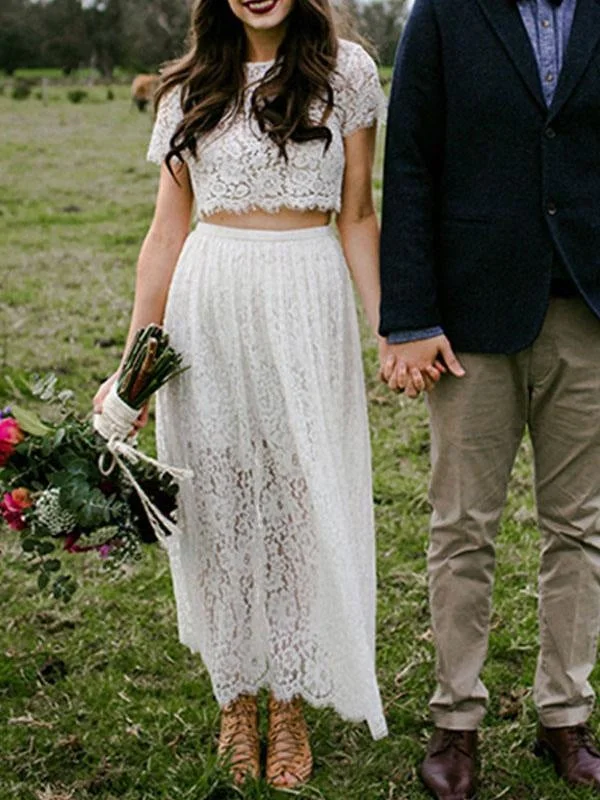 Boho Wedding Dress A Line Jewel Neck Short Sleeve Ankle Length Lace Two Pieces Bridal Gown Casual Women's Japanese 