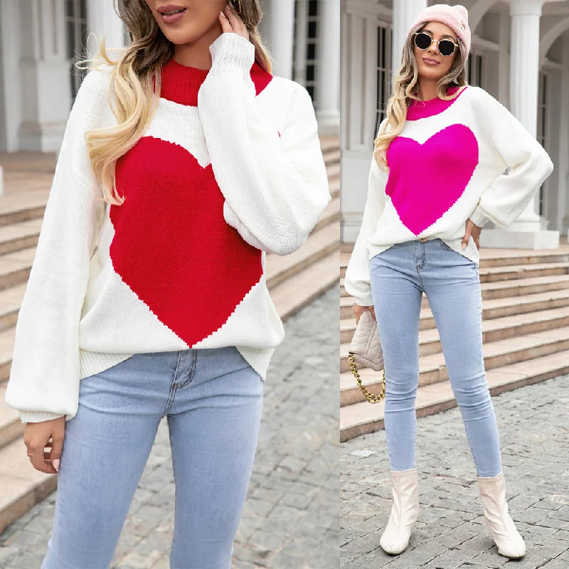 Big Heart Valentine's Day Peach Heart Sweater Crew Neck Knit Pullover Sweater Wholesale Womens Clothing N3824080900034