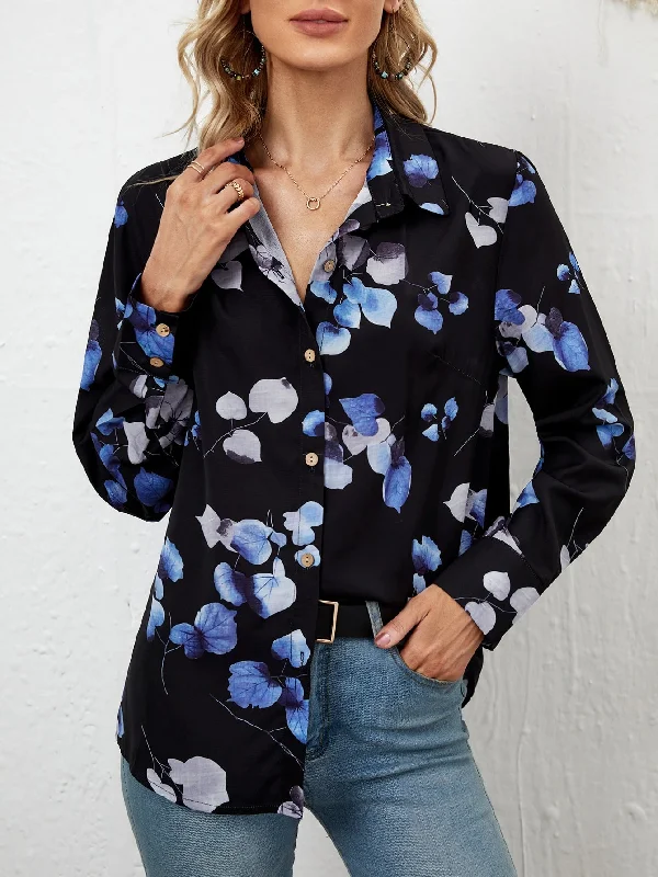 Elegant Plants Button Front Long Sleeve Collar Regular Blouse Sustainable Organic