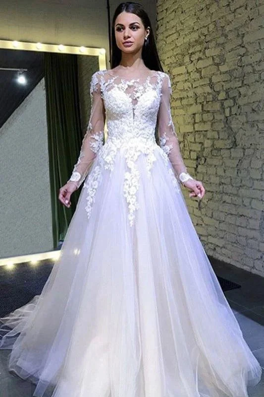 Puffy Sleeves Tulle Long Wedding Dress with Lace Appliques Trendy Women's 