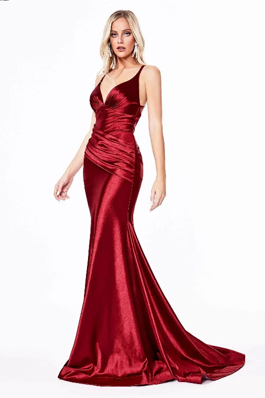 Ladivine CH236 - Open Back Ruched Satin Long Gown Hip Women's Urban