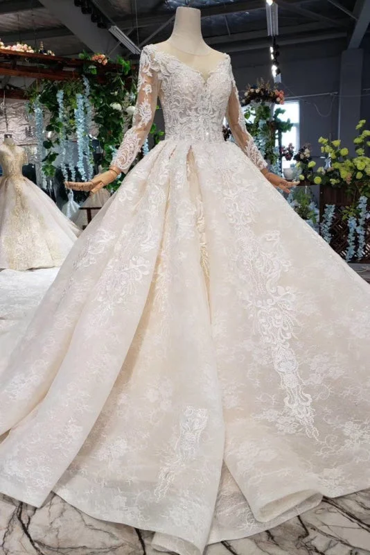Princess Sleeves Sheer Neck Ball Gown Lace Long Wedding Dress Luxurious Women's High -  end
