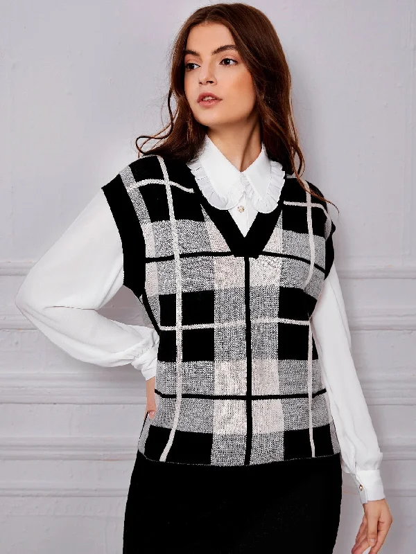 Casual Plaid Short Sleeve V Neck Regular Women Knit Top Compression
