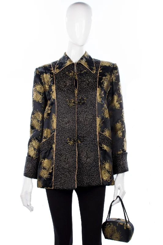 Arjan Hong Kong Padded Chinese Jacket and Bag Silk Black and Gold Size L Earthy Women's Arjan Hong Kong Padded Chinese Jacket and Bag Silk Black and Gold Size L Earthy Women's