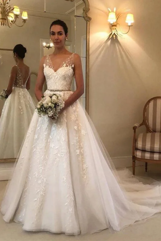 Romantic V Neck Beach with Lace Appliques A Line Wedding Dress Bohemian Women's Free