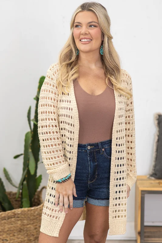 Beige Crochet Mid Length Cardigan Country