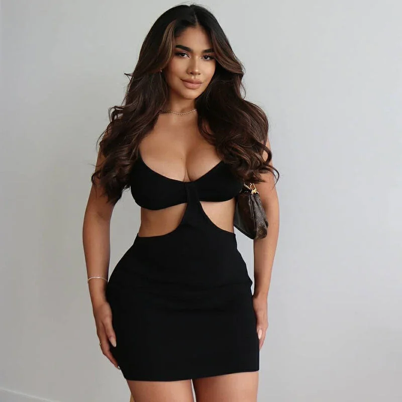 BerryBetty - Trendy Ribbed Deep V Neck Cut Out Party Mini Dress - Black European