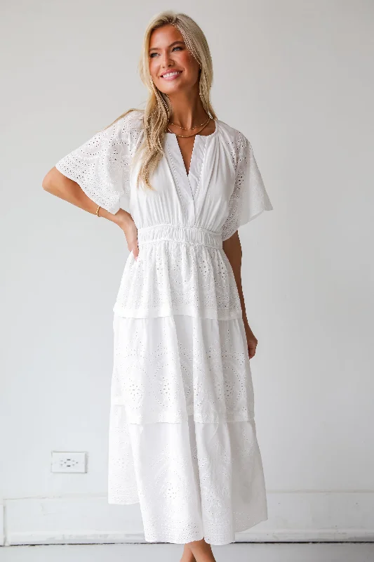 FINAL SALE - Perfect Sunshine White Eyelet Midi Dress Earthy Women's Hemp - based