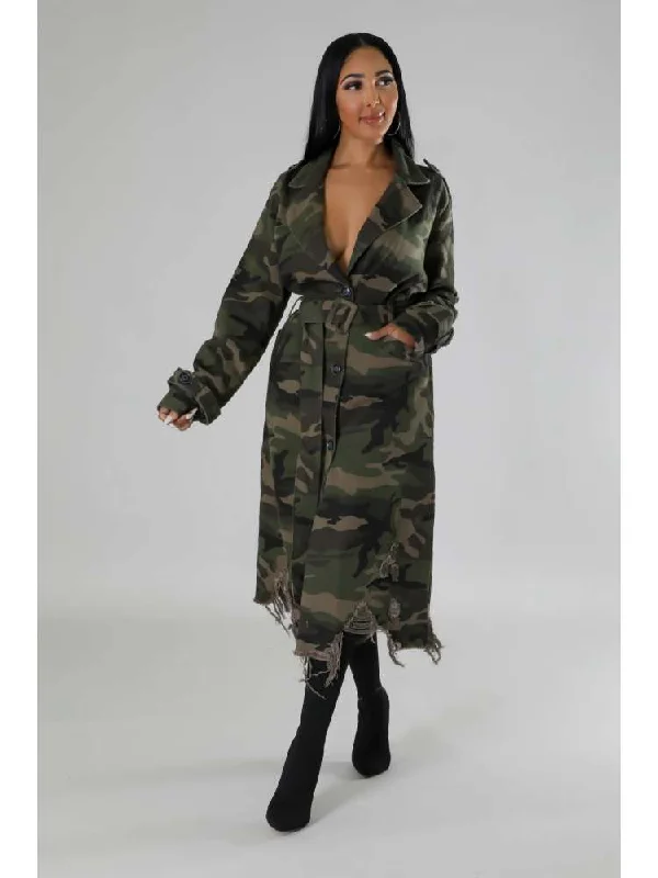 Ripped Fuzzy Trim Camo Lapel Trench Coat Dynamic Women's High - energy