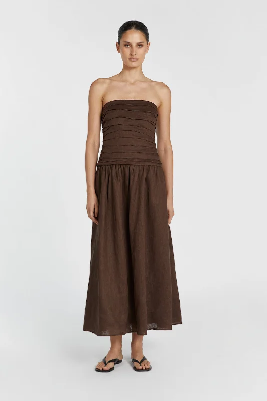 CATANIA BITTER CHOC LINEN STRAPLESS MIDI DRESS Classic Women's Pin - striped