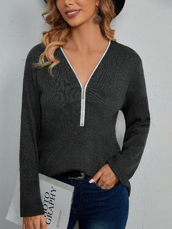 Casual Plain Zipper Long Sleeve V Neck Regular Women T-Shirt Sleek Women's 